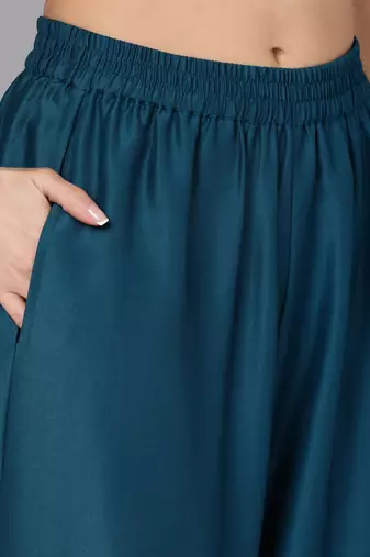 teal color embroidered silk blend styles kurta palazzo with dupatta