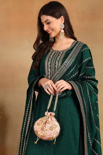 Green Viscose Rayon Embroidered Sequins Work Kurti Set