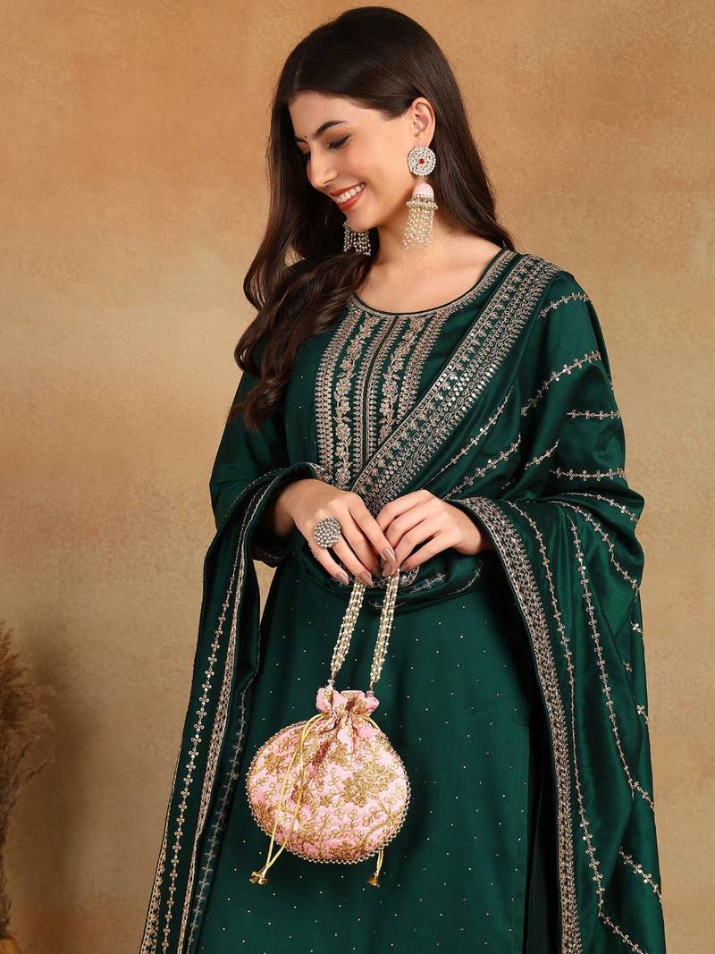 Green Viscose Rayon Embroidered Sequins Work Kurti Set