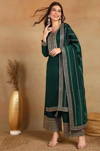 Green Viscose Rayon Embroidered Sequins Work Kurti Set