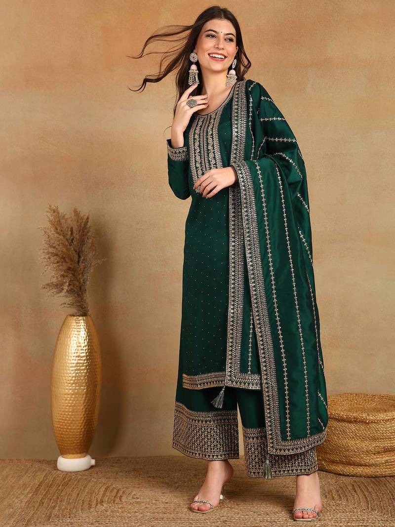 Green Viscose Rayon Embroidered Sequins Work Kurti Set