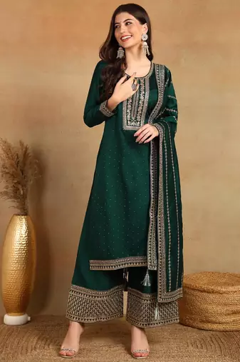 Green Viscose Rayon Embroidered Sequins Work Kurti Set