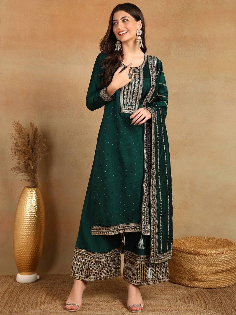 Green Viscose Rayon Embroidered Sequins Work Kurti Set