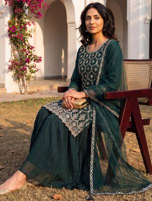 green color embroidered silk blend styles kurta sharara with dupatta 1