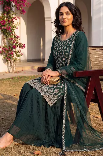 green color embroidered silk blend styles kurta sharara with dupatta