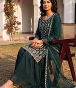 green color embroidered silk blend styles kurta sharara with dupatta
