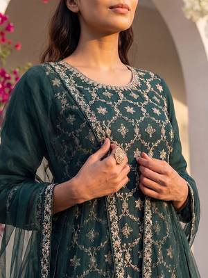 green color embroidered silk blend styles kurta sharara with dupatta 2