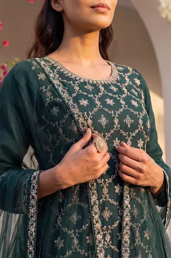 green color embroidered silk blend styles kurta sharara with dupatta