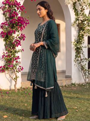 green color embroidered silk blend styles kurta sharara with dupatta 3