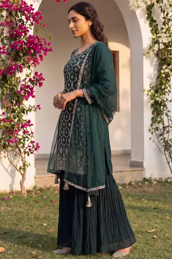 green color embroidered silk blend styles kurta sharara with dupatta