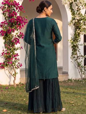 green color embroidered silk blend styles kurta sharara with dupatta 4