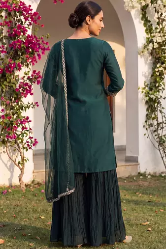 green color embroidered silk blend styles kurta sharara with dupatta