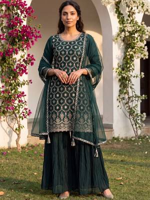 green color embroidered silk blend styles kurta sharara with dupatta 5