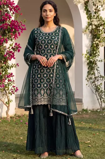green color embroidered silk blend styles kurta sharara with dupatta