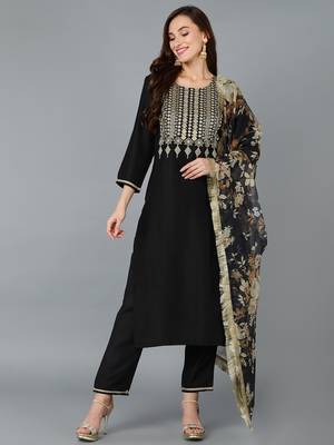 black color embroidered silk blend styles kurta trouser with dupatta 1