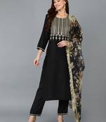 black color embroidered silk blend styles kurta trouser with dupatta