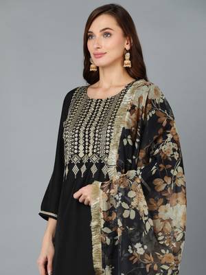 black color embroidered silk blend styles kurta trouser with dupatta 2