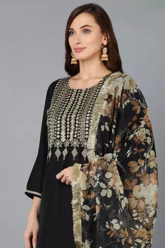 black color embroidered silk blend styles kurta trouser with dupatta