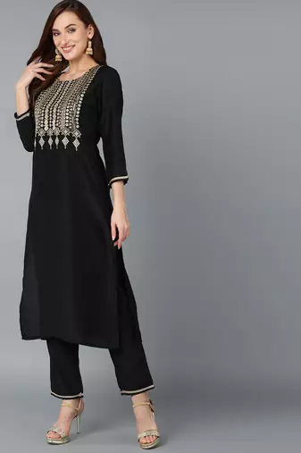 black color embroidered silk blend styles kurta trouser with dupatta