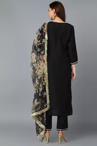 black color embroidered silk blend styles kurta trouser with dupatta