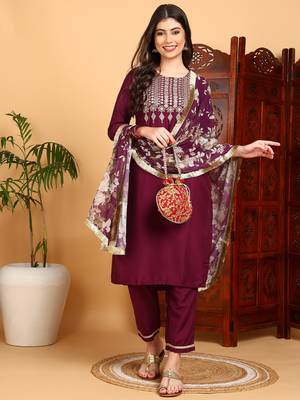 purple color embroidered silk blend styles kurta trouser with dupatta 1