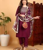 purple color embroidered silk blend styles kurta trouser with dupatta