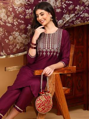 purple color embroidered silk blend styles kurta trouser with dupatta 2