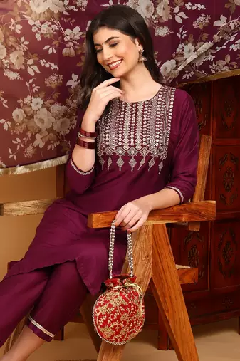 purple color embroidered silk blend styles kurta trouser with dupatta