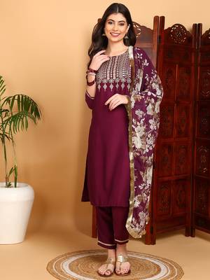 purple color embroidered silk blend styles kurta trouser with dupatta 3