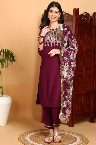 purple color embroidered silk blend styles kurta trouser with dupatta