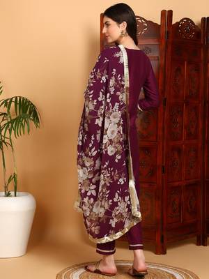 purple color embroidered silk blend styles kurta trouser with dupatta 4