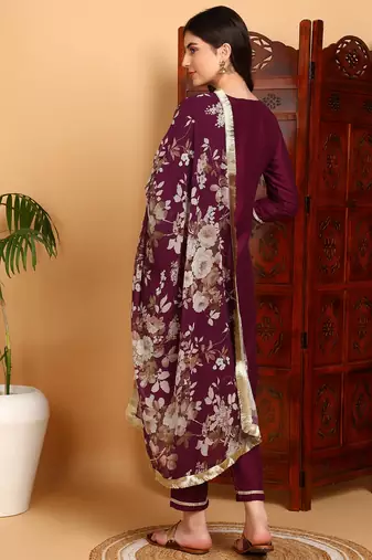 purple color embroidered silk blend styles kurta trouser with dupatta