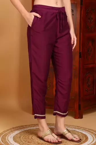 purple color embroidered silk blend styles kurta trouser with dupatta