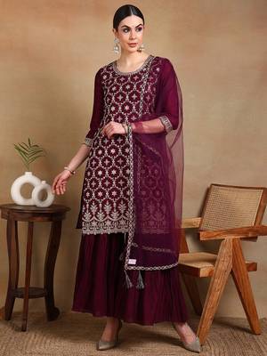 burgundy color embroidered silk blend styles kurta sharara with dupatta 1