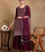 burgundy color embroidered silk blend styles kurta sharara with dupatta