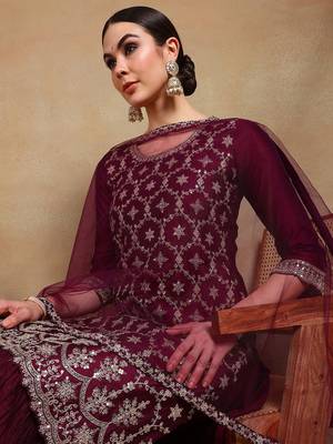 burgundy color embroidered silk blend styles kurta sharara with dupatta 2