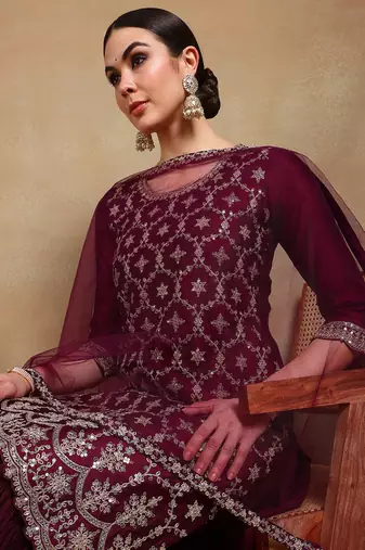 burgundy color embroidered silk blend styles kurta sharara with dupatta