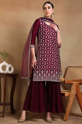 burgundy color embroidered silk blend styles kurta sharara with dupatta