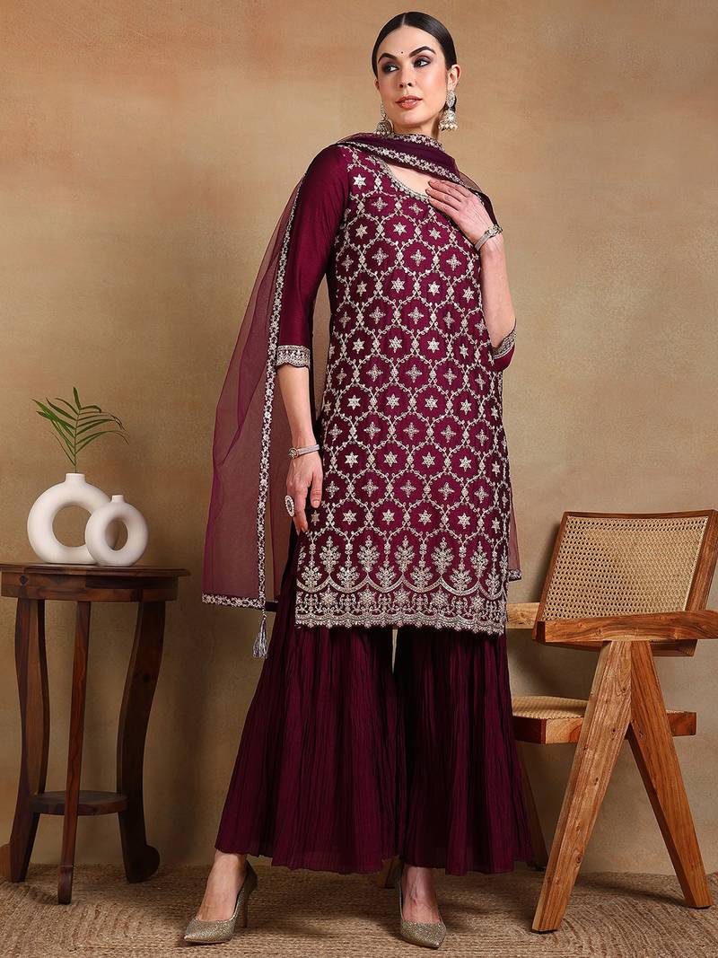 burgundy color embroidered silk blend styles kurta sharara with dupatta