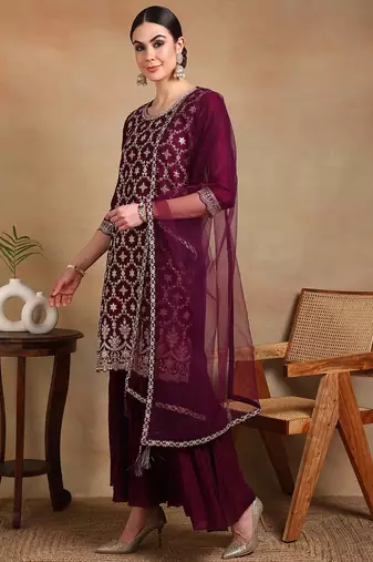 burgundy color embroidered silk blend styles kurta sharara with dupatta