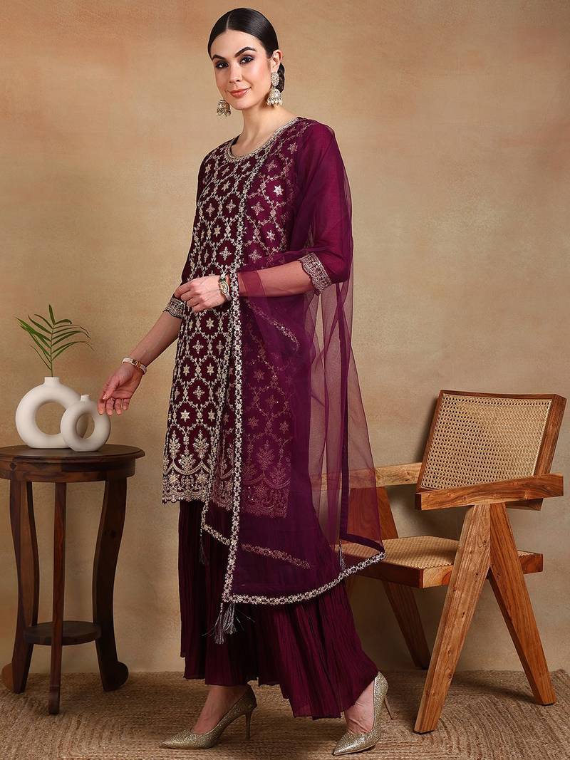 burgundy color embroidered silk blend styles kurta sharara with dupatta