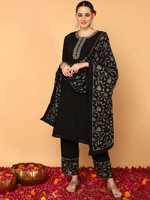 black color embroidered poly georgette styles kurta palazzo with dupatta 1