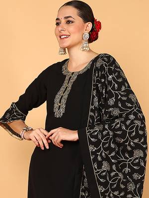 black color embroidered poly georgette styles kurta palazzo with dupatta 2