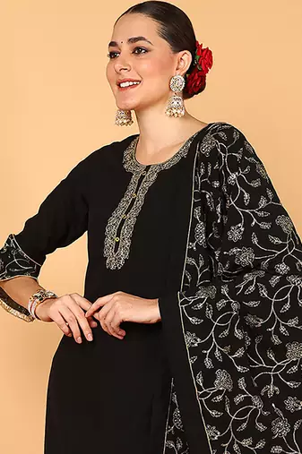 black color embroidered poly georgette styles kurta palazzo with dupatta