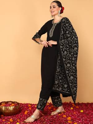 black color embroidered poly georgette styles kurta palazzo with dupatta 3