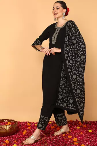 black color embroidered poly georgette styles kurta palazzo with dupatta