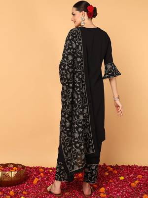 black color embroidered poly georgette styles kurta palazzo with dupatta 4