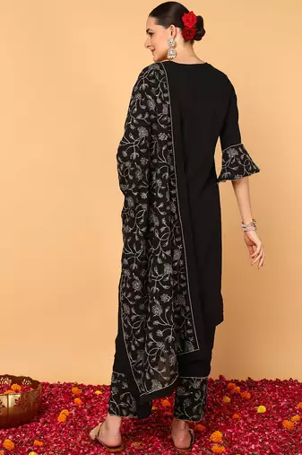 black color embroidered poly georgette styles kurta palazzo with dupatta