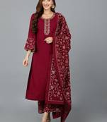 maroon color embroidered poly georgette styles kurta palazzo with dupatta