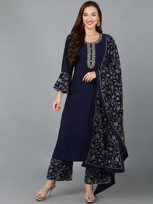navy blue color embroidered poly georgette styles kurta palazzo with dupatta 1